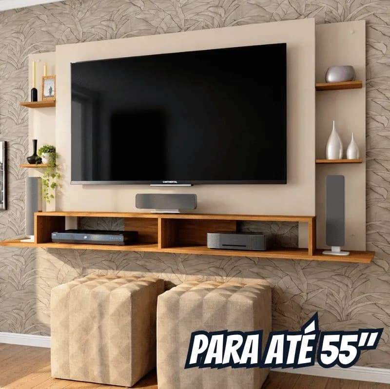 Painel Para TV Até 55 Caemmun Domínio 4 Prateleiras Buriti e Off White