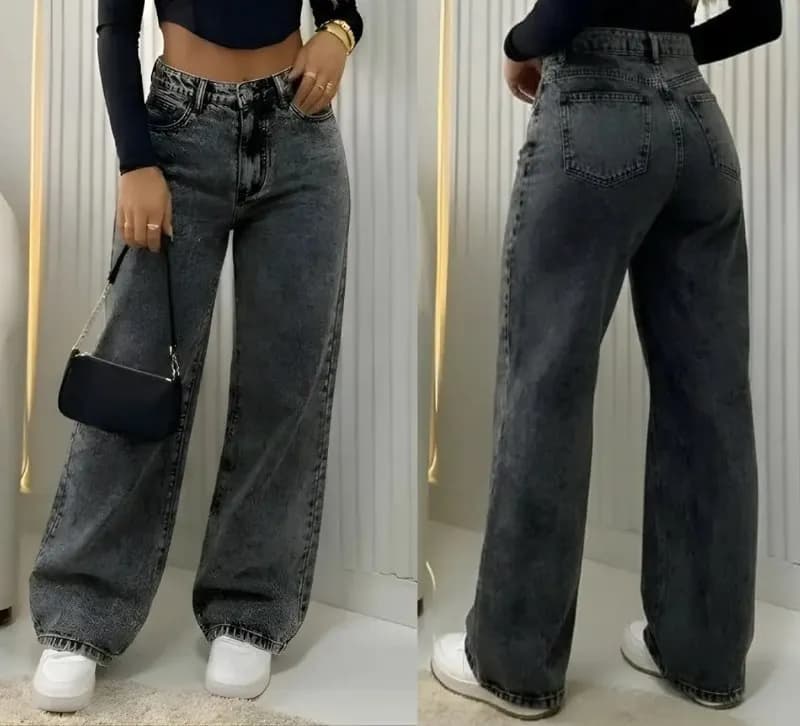 Calça Wide Leg Jeans Feminina Cintura Alta Pantalona