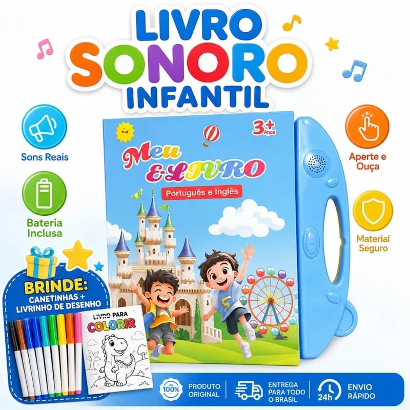 Livro Infantil com Som Livro Interativo Bilíngue PT EN Brinquedo de Aprendizagem