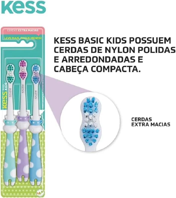 Combo Econômico Infantil Com 3 Escovas Dentais Multicor, Kess
