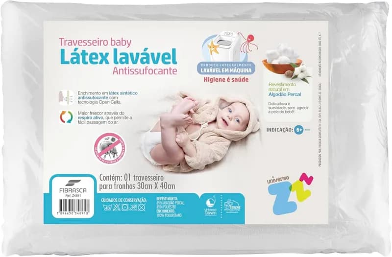 Travesseiro para Bebê Látex Lavável- Capa em Percal 180 frios - Integralmente lavável em máquina - P/fronhas 30x40cm - Fibrasca