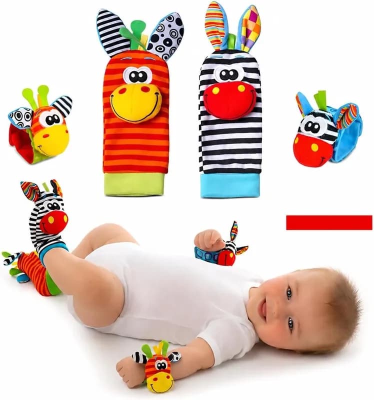 Kit Meias e Pulseiras com Chocalho para Bebê 4 Peças – 2 Meias e 2 Pulseiras Sensoriais, Brinquedo Educativo para Recém-Nascido, Estimula Coordenação Motora e Desenvolvimento, 0 a 12 Meses, Zebrinha