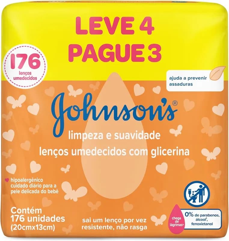 Lenços Umedecidos Johnson's Baby Limpeza e Suavidade 176 Unidades (4 pacotinhos com 44 unidades cada)