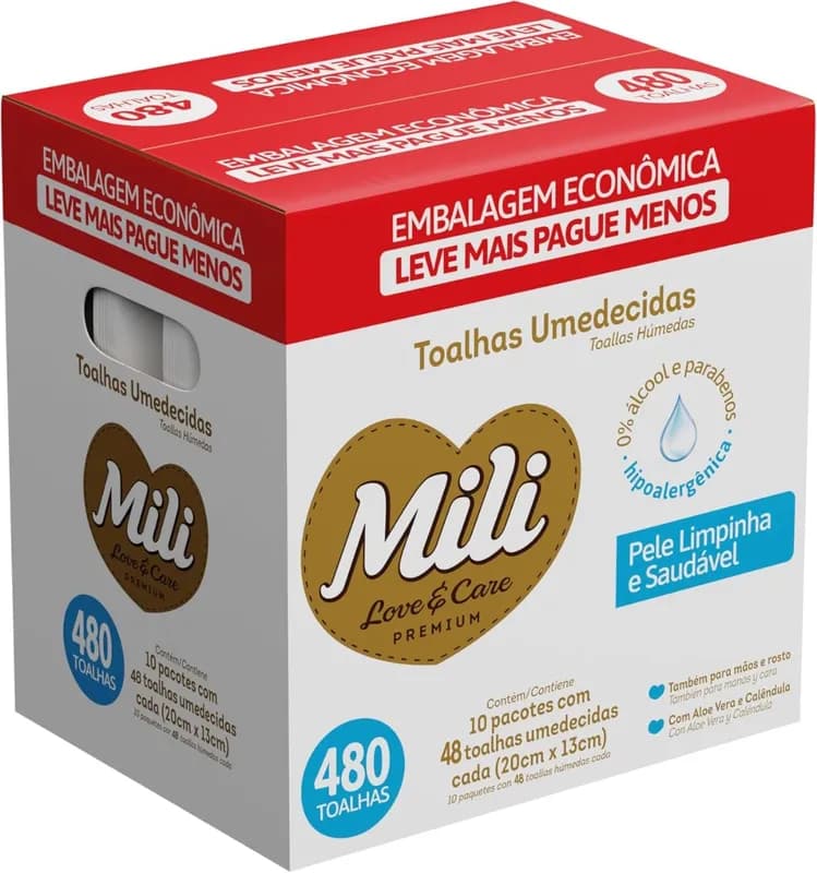 Toalhas Umedecidas Mili Love & Care Premium 480 unidades (10 pacotes com 48 cada)