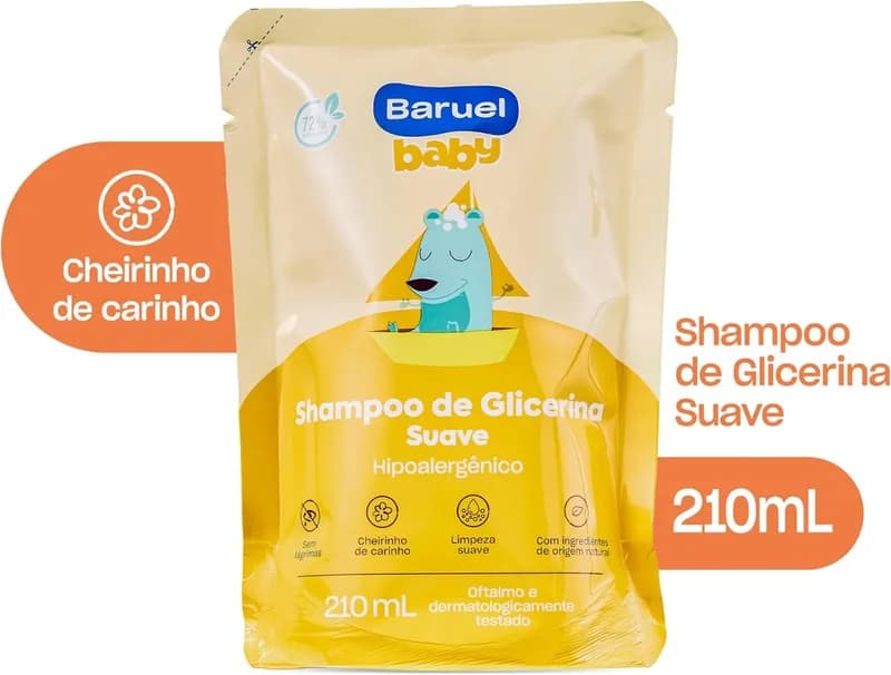 Shampoo Infantil Glicerina Suave Refil 210ml – Baruel Baby