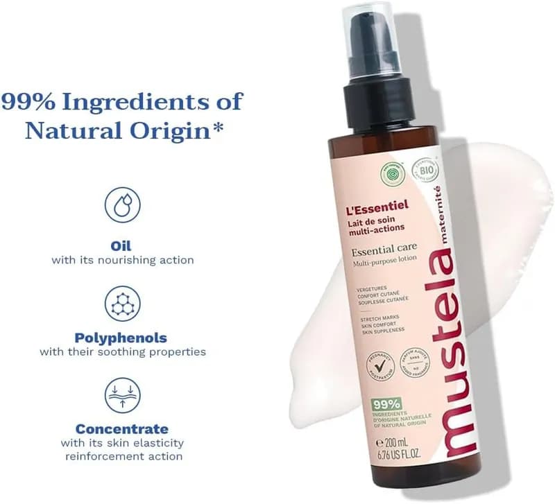 Mustela L’Essentiel Loção Corporal Multifuncional 200ml – Melhora Elasticidade, Firmeza, Previne e Corrige Estrias – com 99% de ingredientes de origem natural - Mustela Maternité