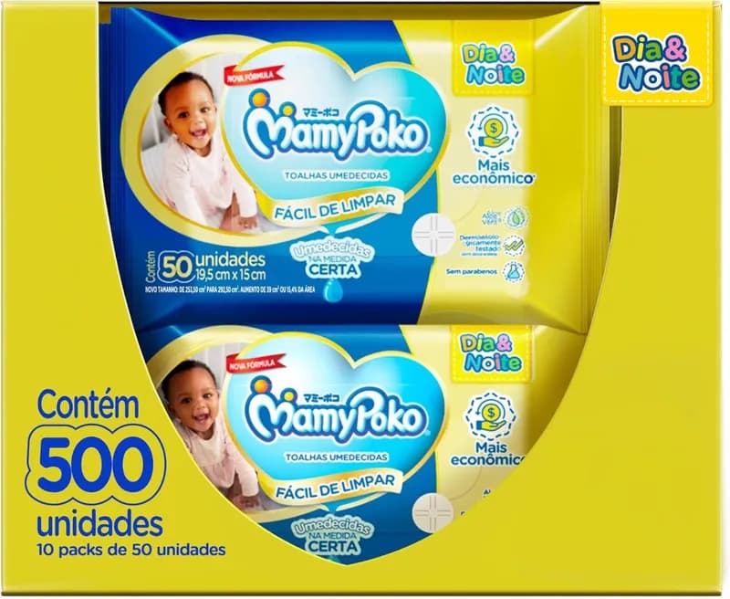 Toalha Umedecida MamyPoko Dia&Noite - 500 Unidades (10 pacotes com 50 unidades cada)