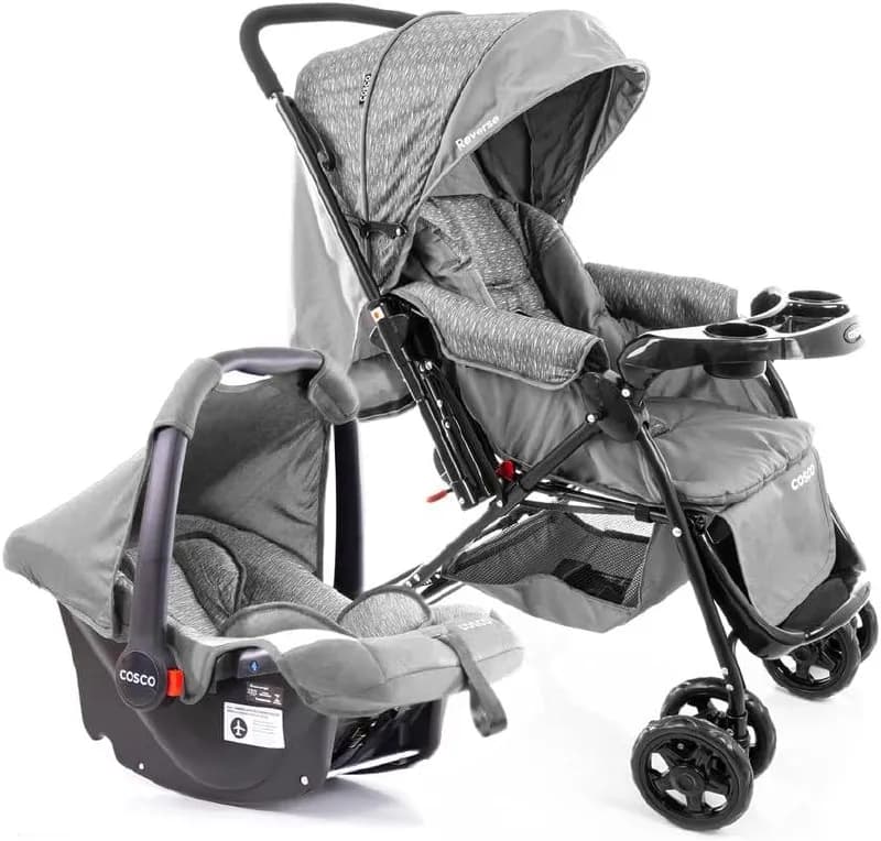 Carrinho Travel System Reverse + Bebê Conforto Cosco Cinza