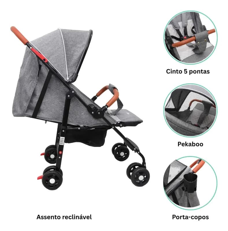 Carrinho de Bebê Compacto Leve Premium Baby Garden Avanti até 15kg Reclinável com Cinto 5 Pontos, Capota com Visor, Rodas Giratórias e Cesto Porta-Objetos