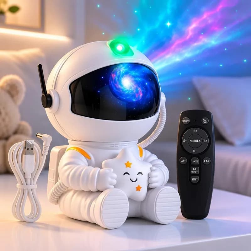 Projetor Galáxia Astronauta Premium com Luz Noturna LED e Aurora Colorida, Projetor de Estrelas com Controle Remoto USB, Decoração Criativa para Quarto Infantil – Qualidade Premium LNMAX®