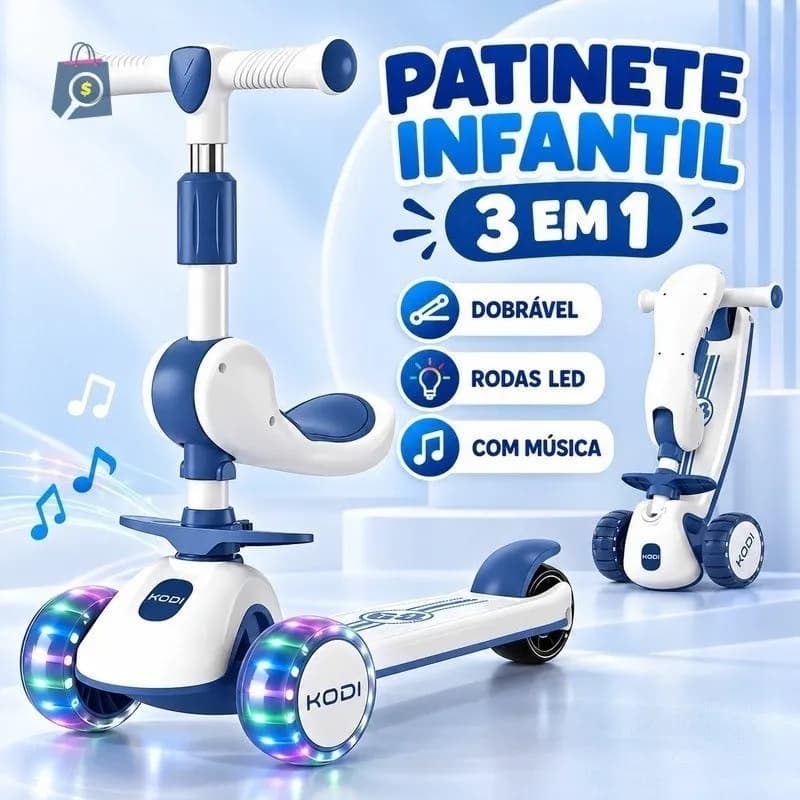 Patinete infantil dobrável 3 em 1 com assento removível, LED e música - até 60 kg