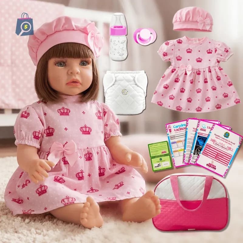 Bebê Reborn Luxo Realista de Silicone Pode Dar Banho Envio Imediato Vestido Rosa
