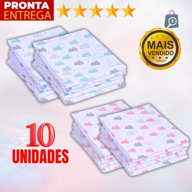 Kit 10 Unidades Fralda De Pano Estampada 60 x 60 Enxoval Infantil Bebê Menino Menina