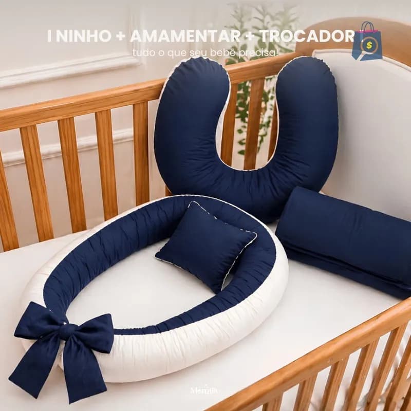 Ninho Redutor de Berço + Almofada Amamentação + Trocador Portátil de Bebê Cores Lisas