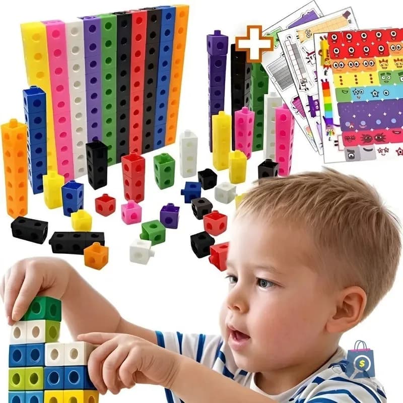 Brinquedo educativo Numberblocks Cubos Matemáticos Didáticos 100 Peças + 2 Cartelas de Adesivos