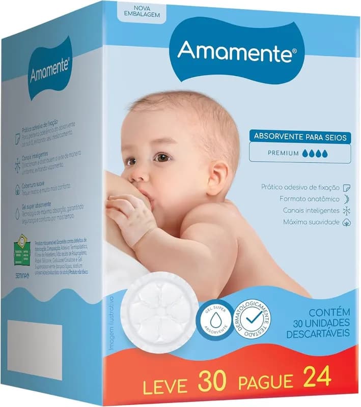 Absorvente para Seios, Descartável com 30 Unidades, Amamente