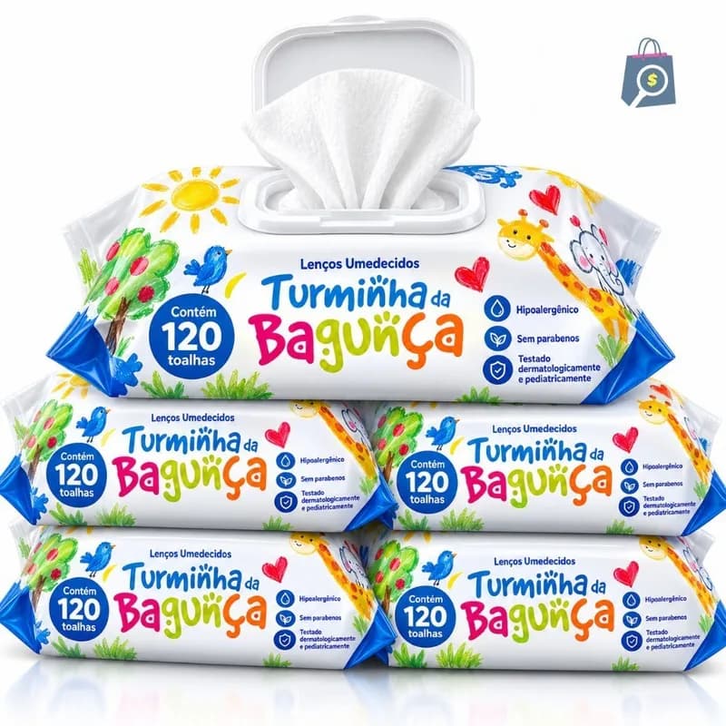 Kit 5 Toalhas Umedecidas Turminha da Bagunça 120 Folhas com Tampa Lenço Umedecido