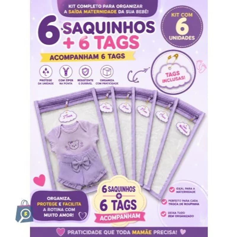 Kit 6 Saquinhos Maternidade com Zíper e Tag – Organizador Roupas Bebê e Mamãe 33 x 27 cm