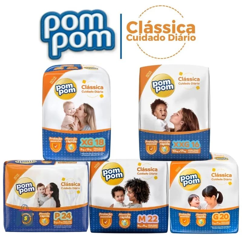 Fralda Descartável Infantil Pom Pom Clássica Jumbo Tamanho P M G XG XXG