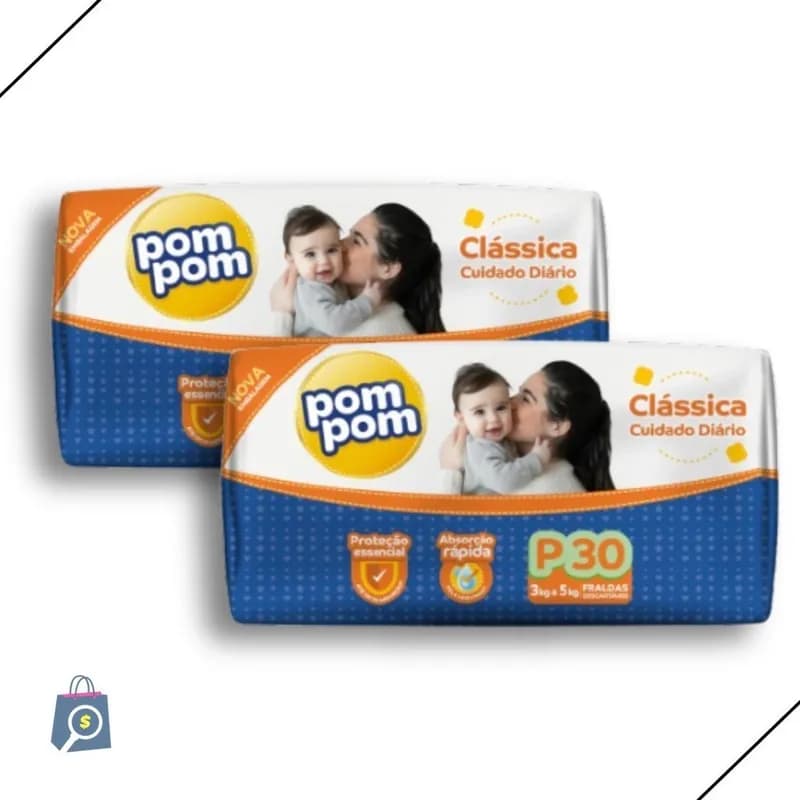 Kit 2 Fralda Descartável Pom Pom Clássica Tamanho P Pacote Jumbo - Total 60 Unidades