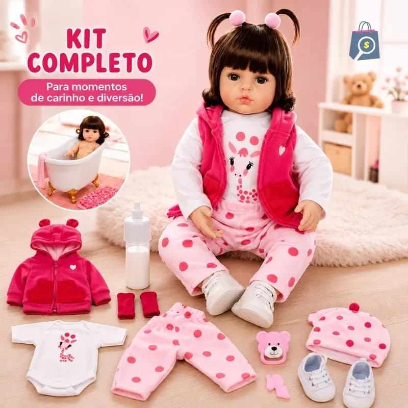 Boneca Reborn Girafinha 48cm Kit Completo com Roupinhas e Acessórios