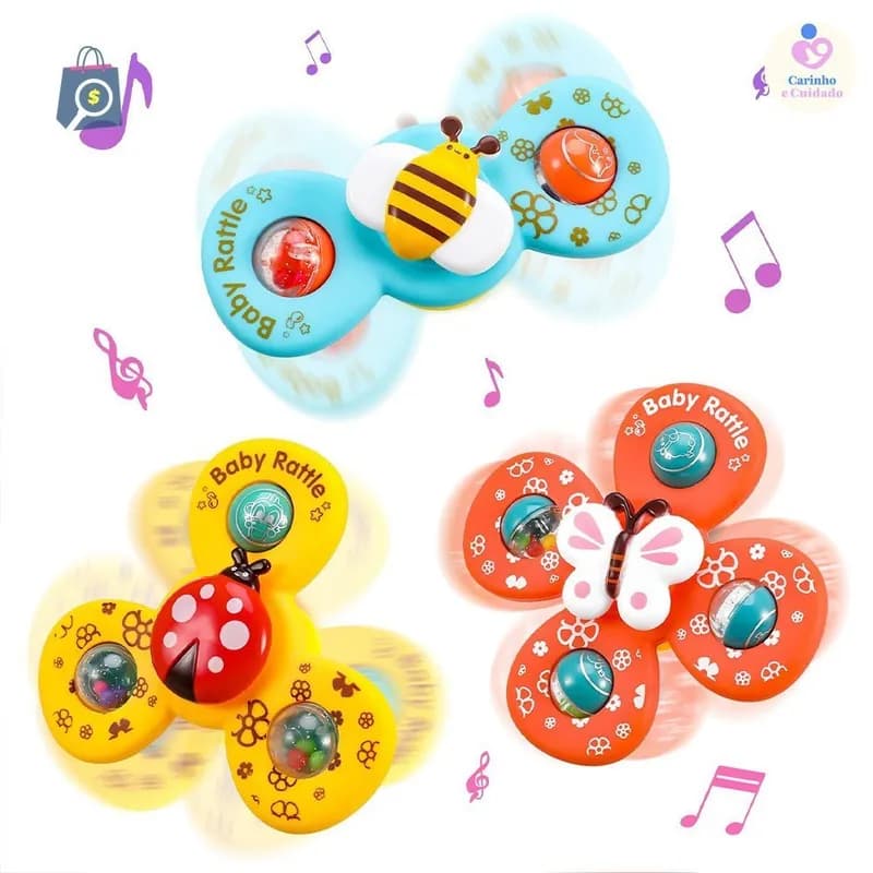 Kit 3 Brinquedo Sensorial para Bebê - Ventosa Adesiva Gira Spinner Atividade Educativa