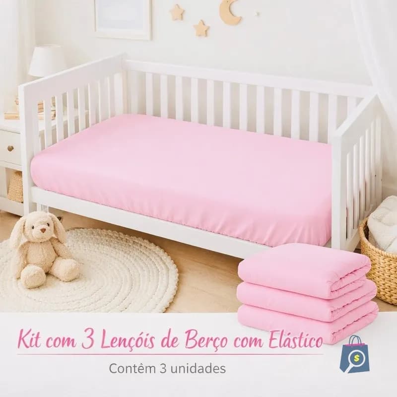 Kit 3 Lençol Berço Americano Percal 400 Fios Macio com Elástico 130x70cm