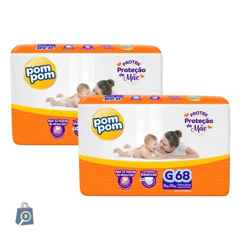 Kit 2 Fralda Descartável Pom Pom Protek Hiper G - 68 Unidades