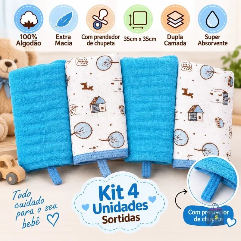Kit 4 Toalha Paninho Pano Boca Bebe Soft 100% Algodão Sortido Menino Menina Com Prendedor de Chupeta