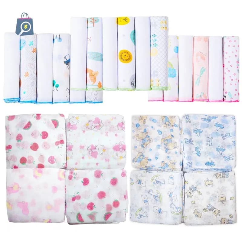 Kit 11 Peças - 5 Fraldas 60x60cm + 6 Paninho de Boca 30x30cm 100% Algodão