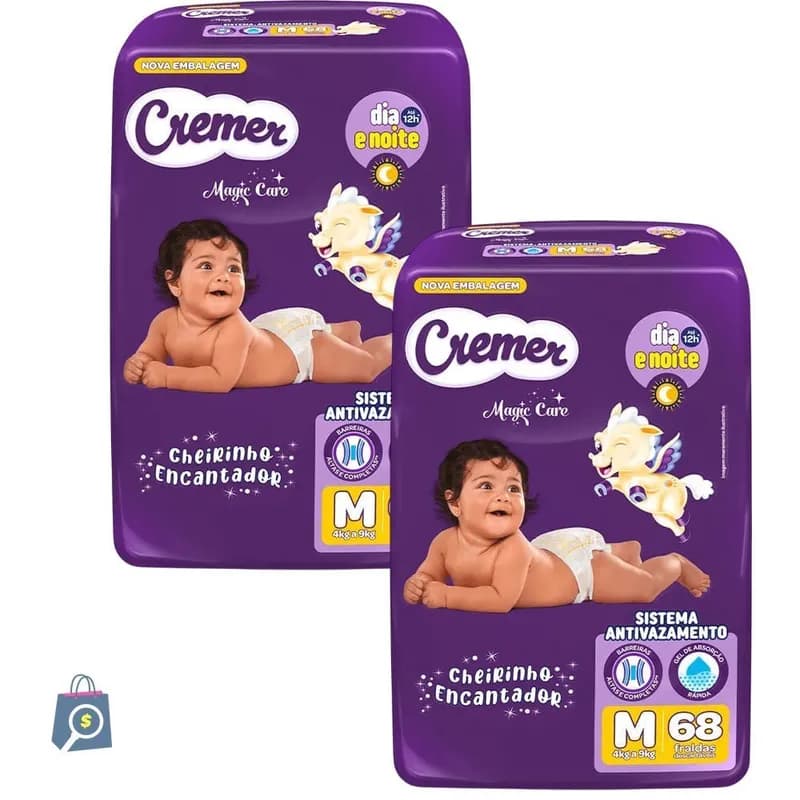 Kit 2 Fraldas Descartáveis Cremer Magic Care Hiper M 68 Tiras