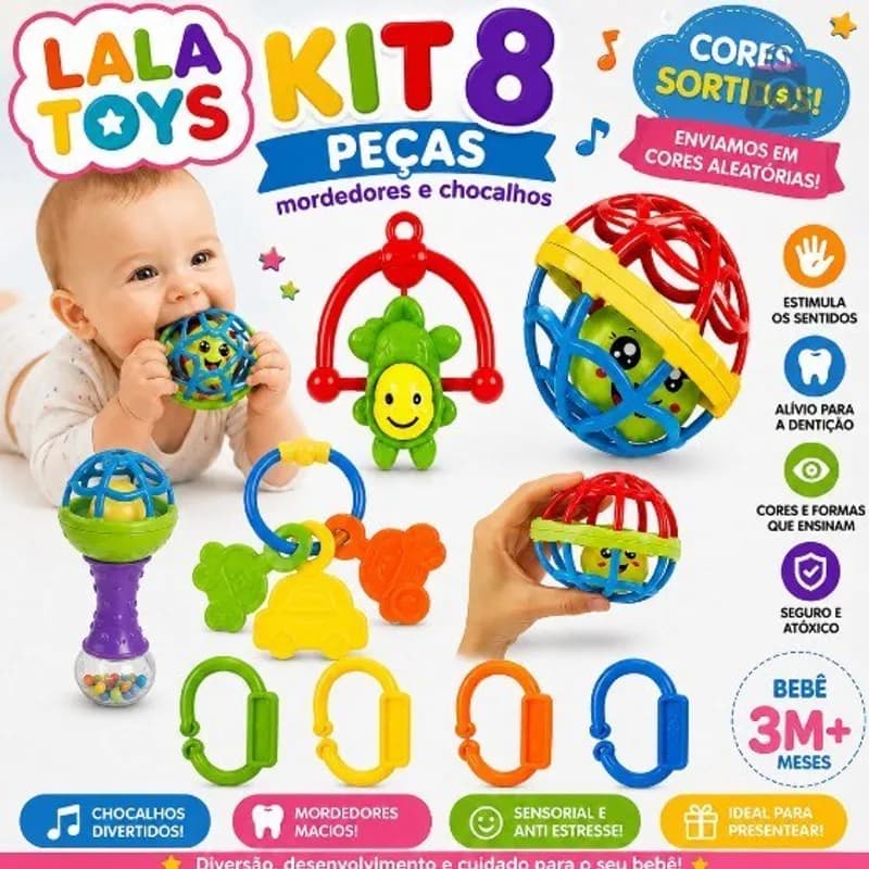Kit 8 peças Mordedor para Bebe Sensorial Macio com Chocalho