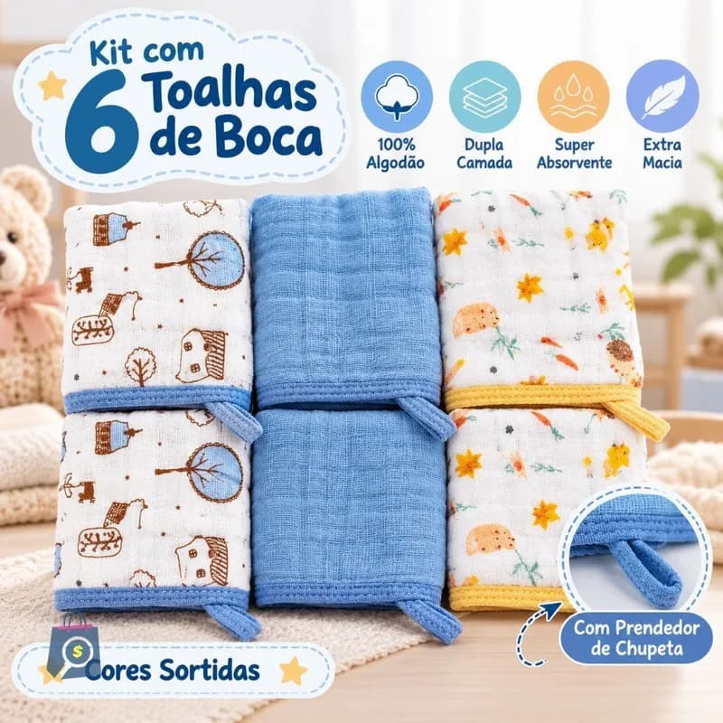 Kit 6 Toalha Pano Fralda de Boca Babete Bebe Soft 100% Algodão Macio Sortido Prendedor de Chupeta