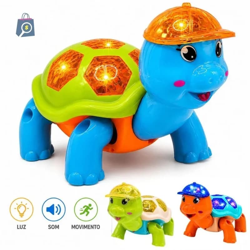 Brinquedo Tartaruga Fujão Elétrico com Som Luz LED e Movimento Automático Infantil Educativo Bebê