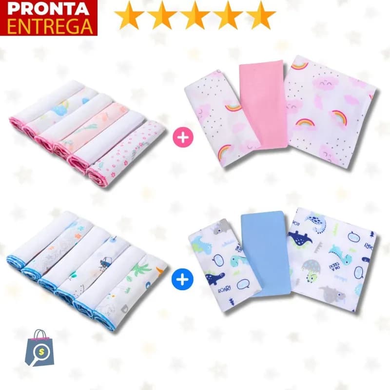 Kit 9 Peças Enxoval Bebê 3 Cueiros 6 Paninhos De Boca Babete 100% Algodão Estampado
