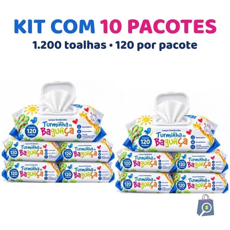 Kit 10 Toalhas Umedecidas Turminha da Bagunça 120 Folhas com Tampa Lenço Umedecido