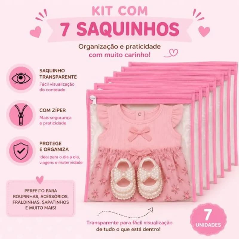Kit 7 Saquinhos Maternidade Organizador Mala Bebê