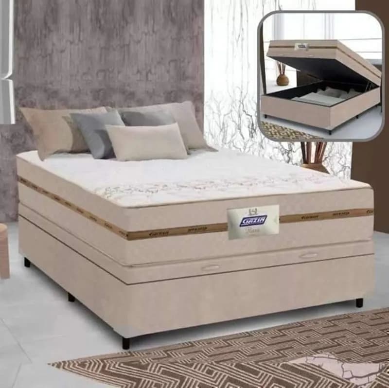 Cama Box Baú Casal Colchão Gazin Molas Flora Bege 138x188x63cm