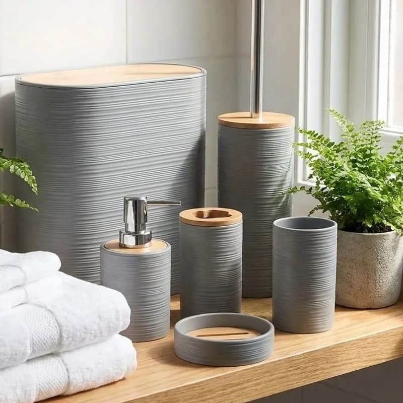 Kit Banheiro Completo com Acessórios de Bambu Cinza