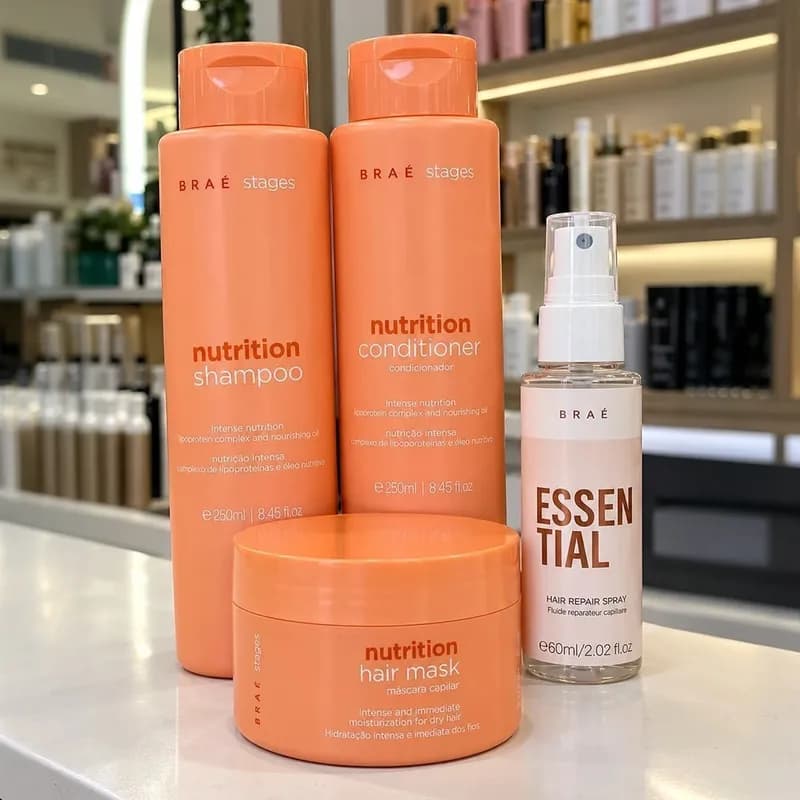 Kit Braé Stages Nutrition Shampoo, Condicionador, Máscara + Essential 60ml