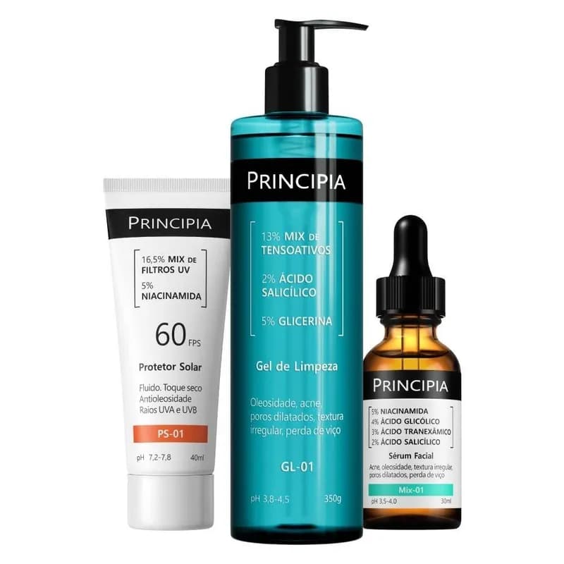 Principia Kit Anti-Acne Trio Gel Limpeza Sérum Protetor Solar