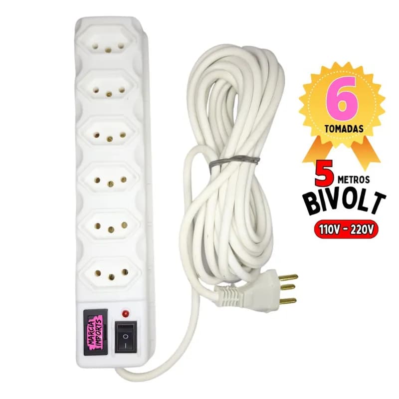 Filtro de Linha 5M Régua elétrica 6 Tomadas Branco