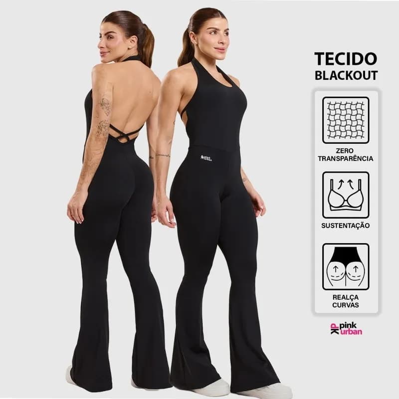Macacão Fitness Feminino Flare Costa Nua Trançado