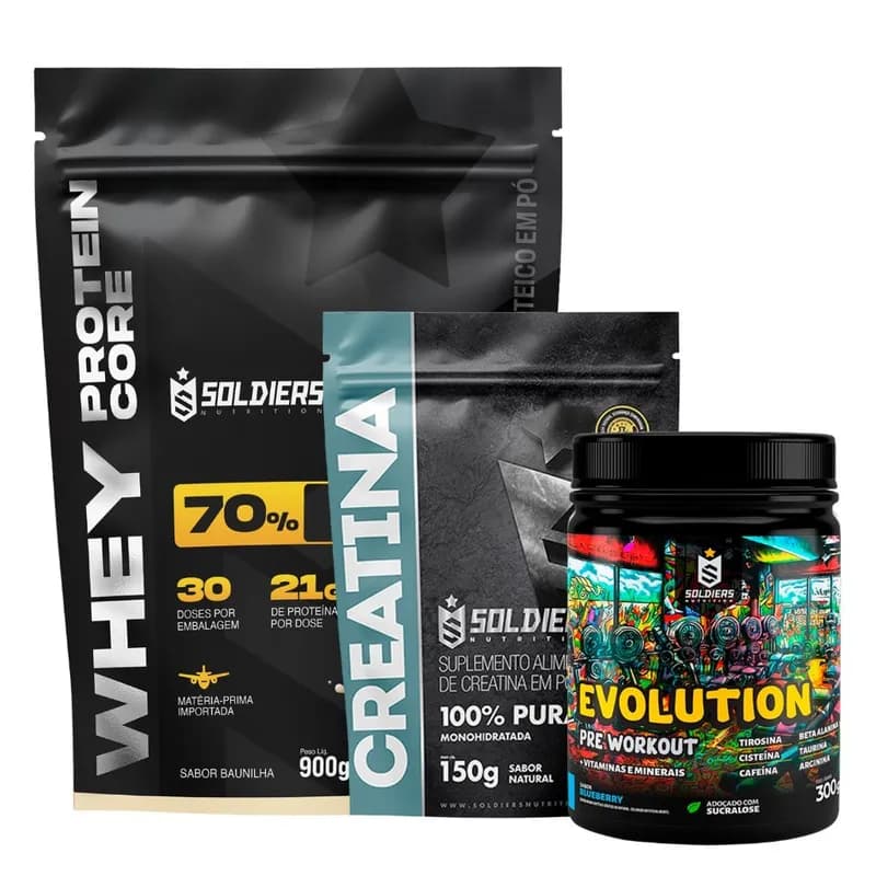 Kit Whey Core 70% Proteína Concentrada Pré-Treino Creatina