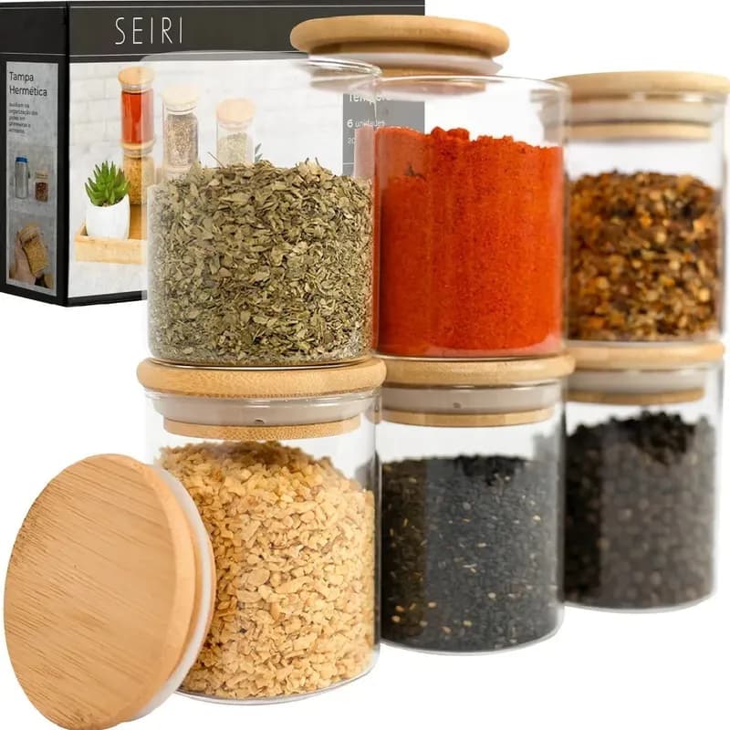 Kit 6 Potes Porta Temperos de Vidro Borossilicato Hermético com Tampa de Bambu