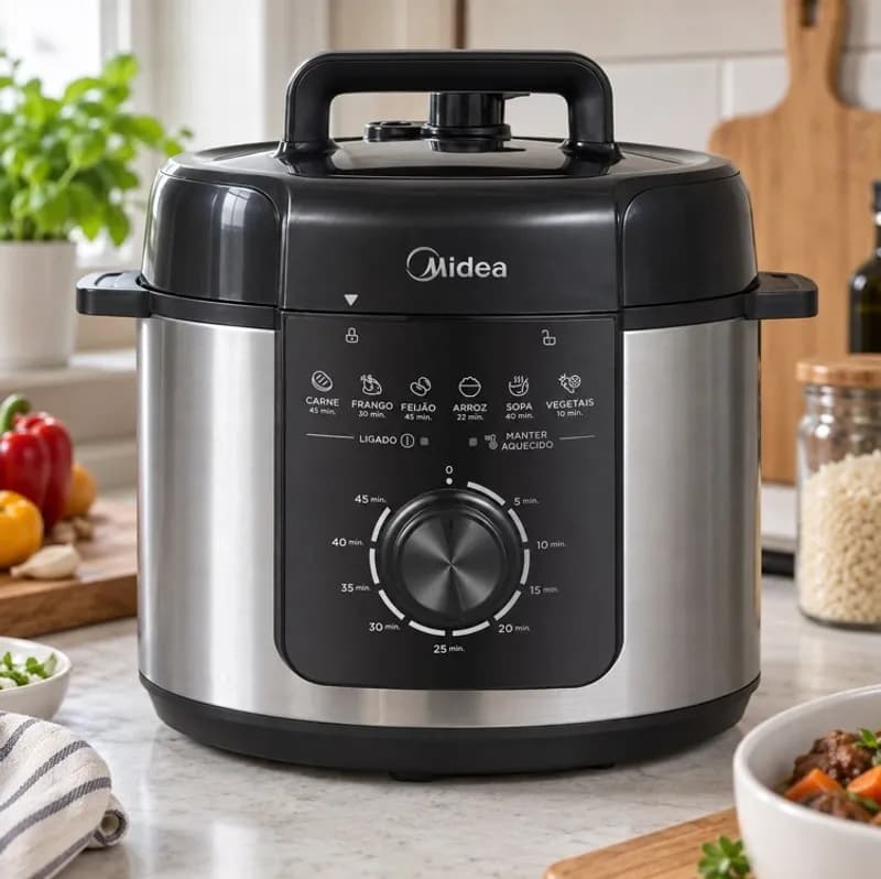 Panela Elétrica Mecânica Pressão 4l Preta E Inox Midea