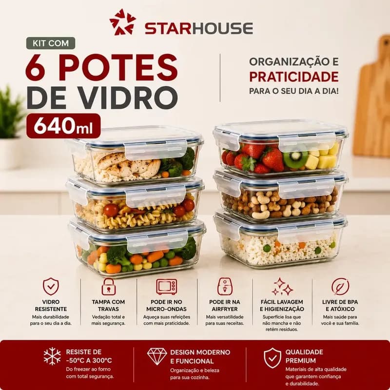 Kit 6 Potes 640ml Vidro Hermético 4 Travas