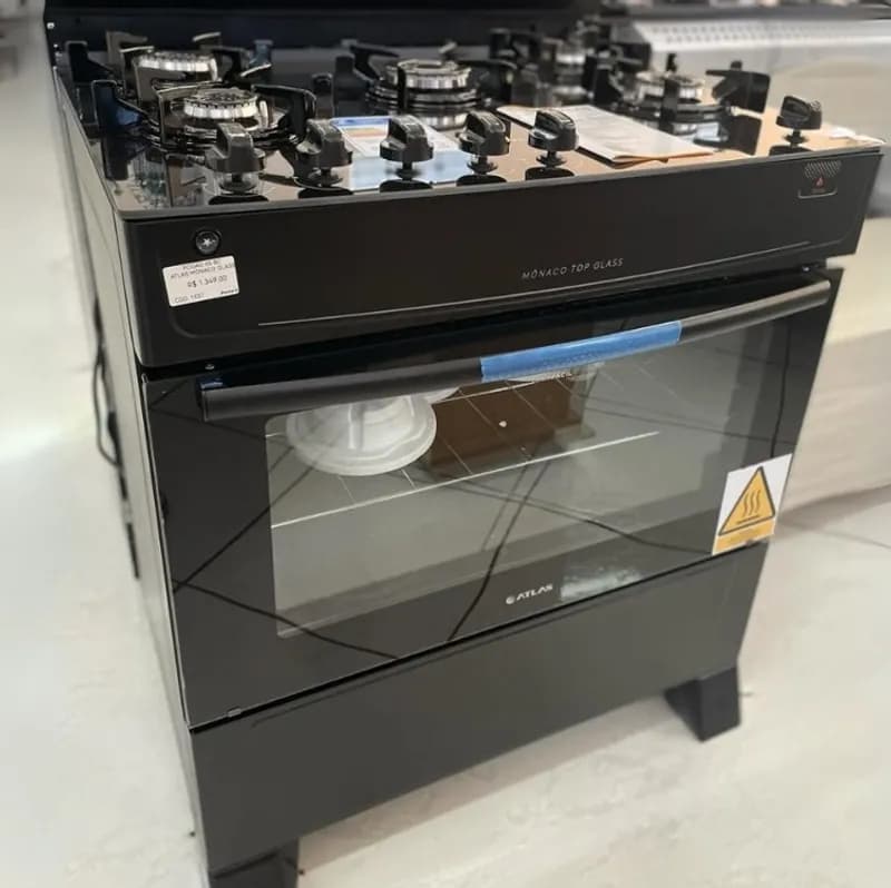 Fogão Atlas 5 Bocas Preto Mônaco Top Glass Com Acendimento Automático