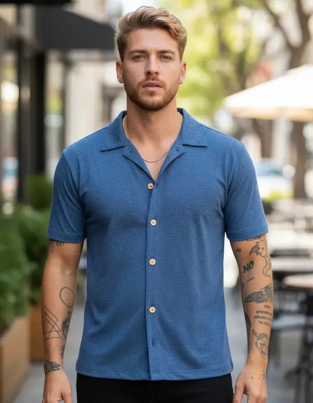 Camisa Masculina Slim Malha Eco Botões Madeira