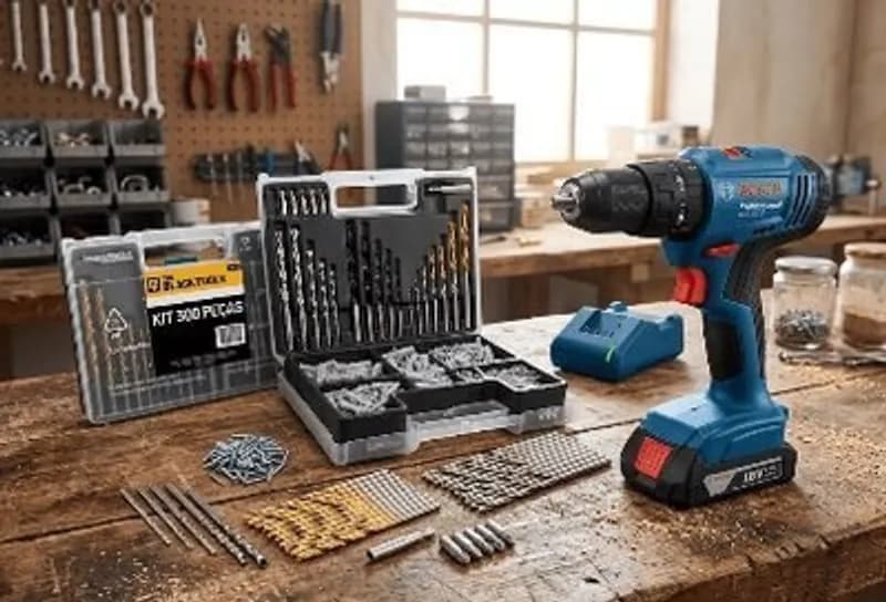 Parafusadeira e Furadeira de Impacto Bosch 18V com Maleta e Kit 300 Peças